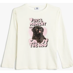 T-Shirt Uzun Kollu Köpek Baskılı Bisiklet Yaka Pamuklu