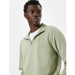 Slogan Baskılı Sweatshirt Fermuarlı Yaka Pamuklu Interlok Kumaş