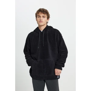 Altınyıldız Classics Erkek Siyah Oversize Bol Kesim Kapüşonlu Sherpa Sweatshirt Polar