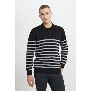 ALTINYILDIZ CLASSICS Erkek Siyah-Antrasit Standart Fit Normal Kesim Polo Yaka Çizgili Triko Kazak
