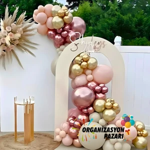 Balon Seti Pink Blush-Deniz Kumu-Krom Rose Gold-Krom Gold 100 Lü Balon Zinciri Seti
