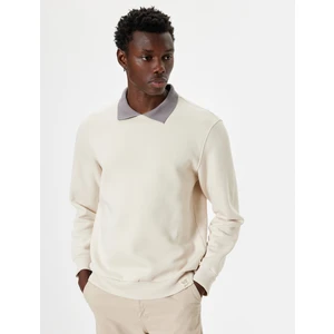 Polo Yaka Sweatshirt Uzun Kollu Şardonlu Pamuk Karışımlı