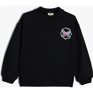 Sweatshirt Kelebek Baskılı Bisiklet Yaka Uzun Kollu Şardonlu