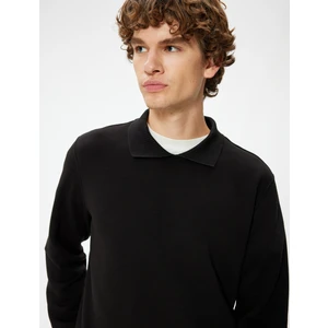Polo Yaka Sweatshirt Uzun Kollu Şardonlu Pamuk Karışımlı