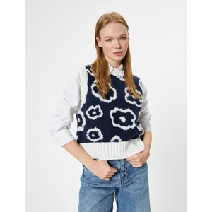 Triko Süveter Çiçekli Bisiklet Yaka Kolsuz