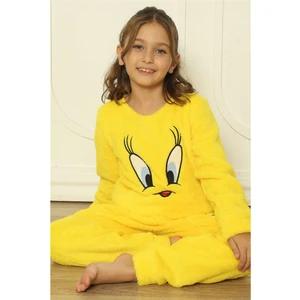 Sarı Kuş Desenli Tam Peluş Kız Çocuk Pijama Takımı