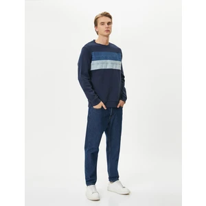 Bisiklet Yaka Sweatshirt Kumaş Bloklu Uzun Kollu Pamuklu