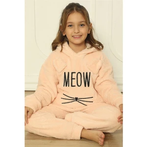 Somon Meow Desenli Tam Peluş Kız Çocuk Pijama Takımı