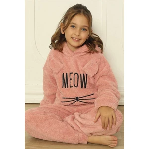 Pembe Meow Desenli Tam Peluş Kız Çocuk Pijama Takımı