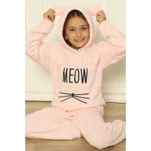 Toz Pembe Meow Desenli Tam Peluş Kız Çocuk Pijama Takımı