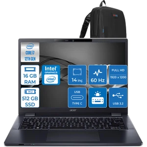 Travelmate P4 Intel Core I7-1260P 16GB 512GB SSD Intel UHD Graphics Fhd 14" Freedos Taşınabilir Bilgisayar MP414F01 + Zettaçanta