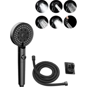 5 Fonksiyonlu Duş Başlığı Seti 150 cm Hortum Yapışkanlı Duş Askısı Duş Fıskiyesi Siyah 1 Set