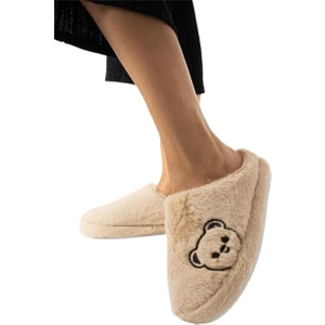 Önü Kapalı Ayıcık Baskılı Peluş Kadın Ev Terliği Bej