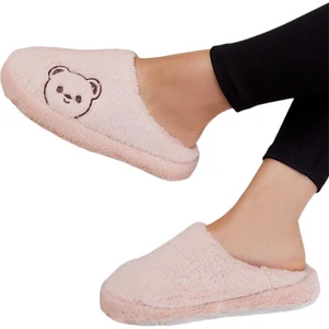 Önü Kapalı Ayıcık Baskılı Peluş Kadın Ev Terliği Pudra