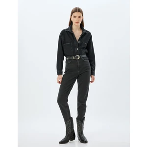 Mom Fit Kot Pantolon Standart Bel Kısa Paça Düğmeli Cepli Pamuklu - Mom Fit Jeans