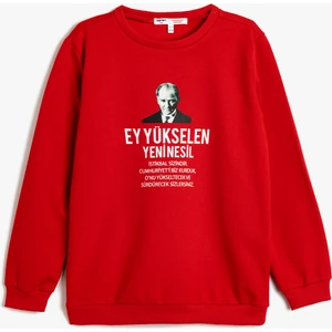 Atatürk Baskılı Sweatshirt Şardonlu Bisiklet Yaka Uzun Kollu