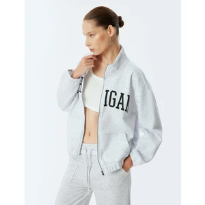 Fermuarlı Sweatshirt Oversize Dik Yaka Kolej Baskılı Cep Detaylı