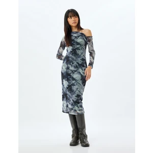 Tül Elbise Midi Omzu Açık Drapeli Asimetrik Kesim Uzun Kollu