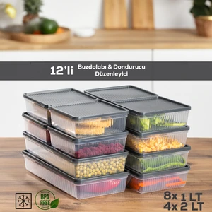 12' li Buzdolabı Organizer  Derin Dondurucuya Uygun Buzluk Bakliyat Saklama Kabı - Antrasit