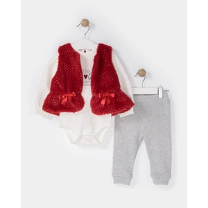 Peluş Yelekli Alttan Çıtçıtlı Body Üçlü Kız Bebek Takım
