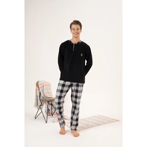 Erkek Kışlık Düğmeli Yaka Kareli Alt Polar Pijama Takımı