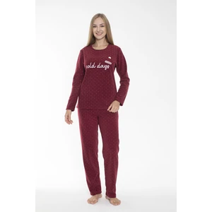Kadın Kışlık Puantiyeli Fitilli Polar Pijama Takımı Bordo