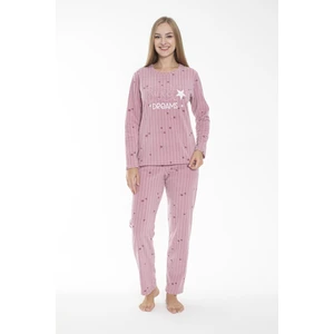 Kadın Kışlık Yıldız Desenli Fitilli Polar Pijama Takımı Pembe