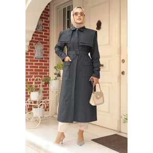 Neva Style Gemici Yaka Detay Lacivert Tesettür Trençkot 19023L
