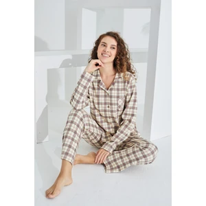 %100 Pamuk Ekose Uzun Kol Önden Düğmeli Kadın Pijama Takımı 98225