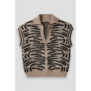 Summer Winter Club Kadın Şardonlu Polo Yaka Fitilli Kenarlı Kolsuz % 100 Ipek Süveter