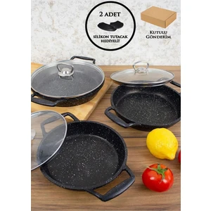 Pars Shop 6'lı Granit Sahan Seti Cam Kapaklı Döküm Siyah 18-20-22 cm