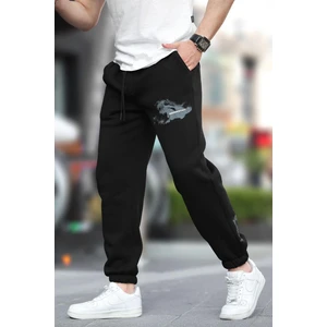 Siyah Erkek Paçası Lastikli  Cep Detaylı Baskılı Eşofman Altı 6553