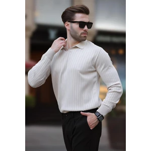 Bej Polo Yaka Çizgili Uzun Kollu Kazak 7239