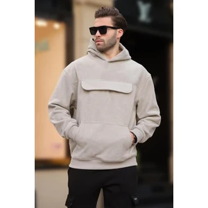 Boyalı Gri Kapüşonlu Kapaklı Cep Detaylı Polar Erkek Sweatshirt 7097