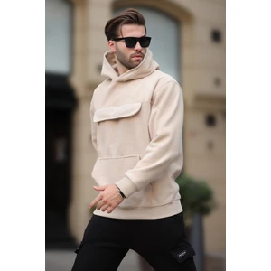 Bej Kapüşonlu Kapaklı Cep Detaylı Polar Erkek Sweatshirt 7097