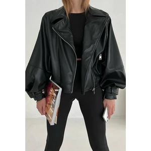 Kadın Siyah Oversize Balon Kol Detaylı Deri Ceket Mont