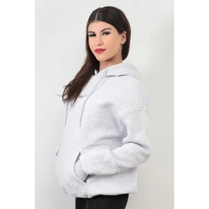 Kadın Kapüşonlu Oversize Sweatshirt Üç İplik Kanguru Cepli Kar Melanj Hoodie - 2502