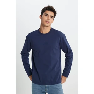 Loose Fit Rahat Kesim Bisiklet Yaka %100 Pamuk Lacivert Uzun Kollu Tişört