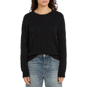 Tommy Hilfiger Yuvarlak Yaka Standart Desenli Siyah Kazak Kadın Soft Yün Cable C-Nk