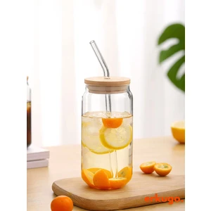 Bambu Kapaklı Pipetli Borosilikat Sunum Bardağı - Kahve Bardağı - Isı Dayanıklı Bardak - 600 ml Coollime