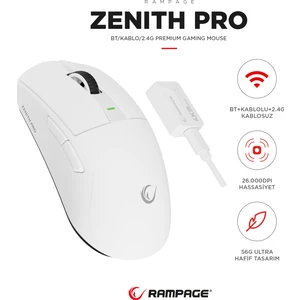 ZENITH PRO 4K BT+Wired+2.4G Beyaz Kablosuz PAW3395 NORDIC 52833 MCU Gaming Oyuncu Mouse