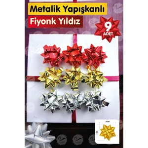 Hediye Paketi Süsleri 9ADET  Metalik Yapışkanlı Fiyonk Yıldız Yılbaşı Süs Paket Süsleme Çek YILDIZ-T1055