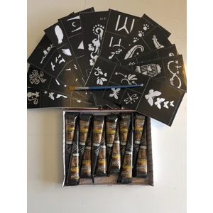 Airbrush Tattoo 12 Tüp Siyah Golecha Kına 12 Sayfa Şablon Ve Fırça Hediyeli Geçici Dövme Seti
