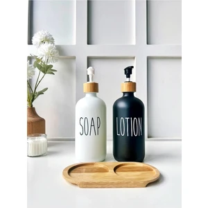 2’li Siyah ve Beyaz Bambu Altlıklı Cam Sabunluk Seti 500ML + 500 ml