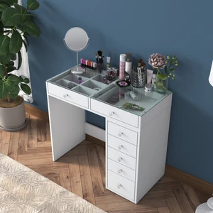 BJ107 Makyaj Masası 7 Çekmeceli Cam Tablalı Takı Düzenleyici Beyaz