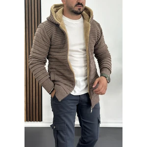 Erkek İçi Kürklü Kapüşonlu Fermuarlı Triko Hırka Kahverengi T743