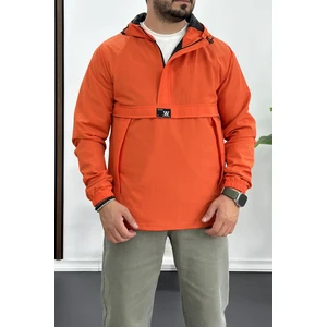 Erkek Slim Fit Krinkıl Kumaş Kanguru Cepli Yarım Fermuarlı Yağmurluk Mont Kırmızı EDW077