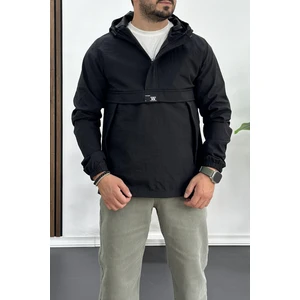 Erkek Slim Fit Krinkıl Kumaş Kanguru Cepli Yarım Fermuarlı Yağmurluk Mont Siyah Edw077