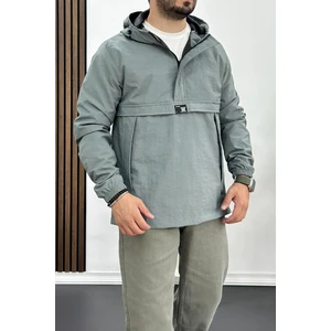 Erkek Slim Fit Krinkıl Kumaş Kanguru Cepli Yarım Fermuarlı Yağmurluk Mont Mint Yeşili EDW077