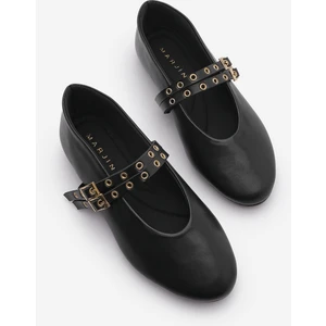 Kadın Çift Bantlı Zımbalı Günlük Babet Bekosa Siyah